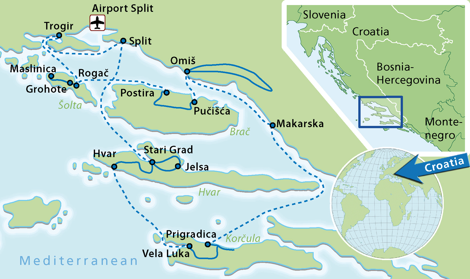 Overview map of this tour Southern Dalmatia